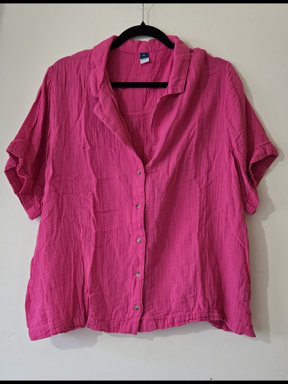 Old Navy Vibrant Hot Pink Linen Blend Button-Down Short Sleeve Shirt